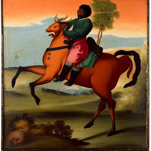 Image similar to photograph of a black man with afro hair wearing an army green adidas jacket riding an orange colored bull!!, renaissance style painting