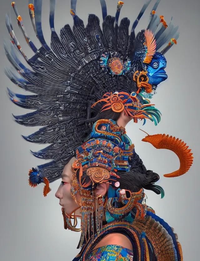 Image similar to 3 d goddess close - up profile portrait aztec with ram skull. beautiful intricately detailed japanese crow kitsune mask and clasical japanese kimono. betta fish, jellyfish phoenix, bio luminescent, plasma, ice, water, wind, creature, artwork by tooth wu and wlop and beeple and greg rutkowski