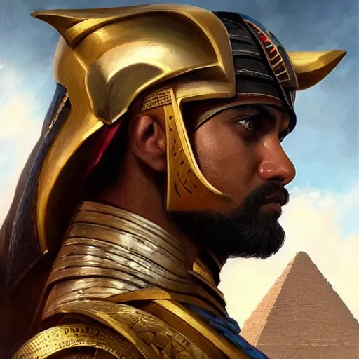 Image similar to egyptian warrior, steve toussaint, portrait, headshot, D&D, fantasy, highly detailed, digital painting, artstation, concept art, sharp focus, illustration, art by artgerm and greg rutkowski and alphonse mucha