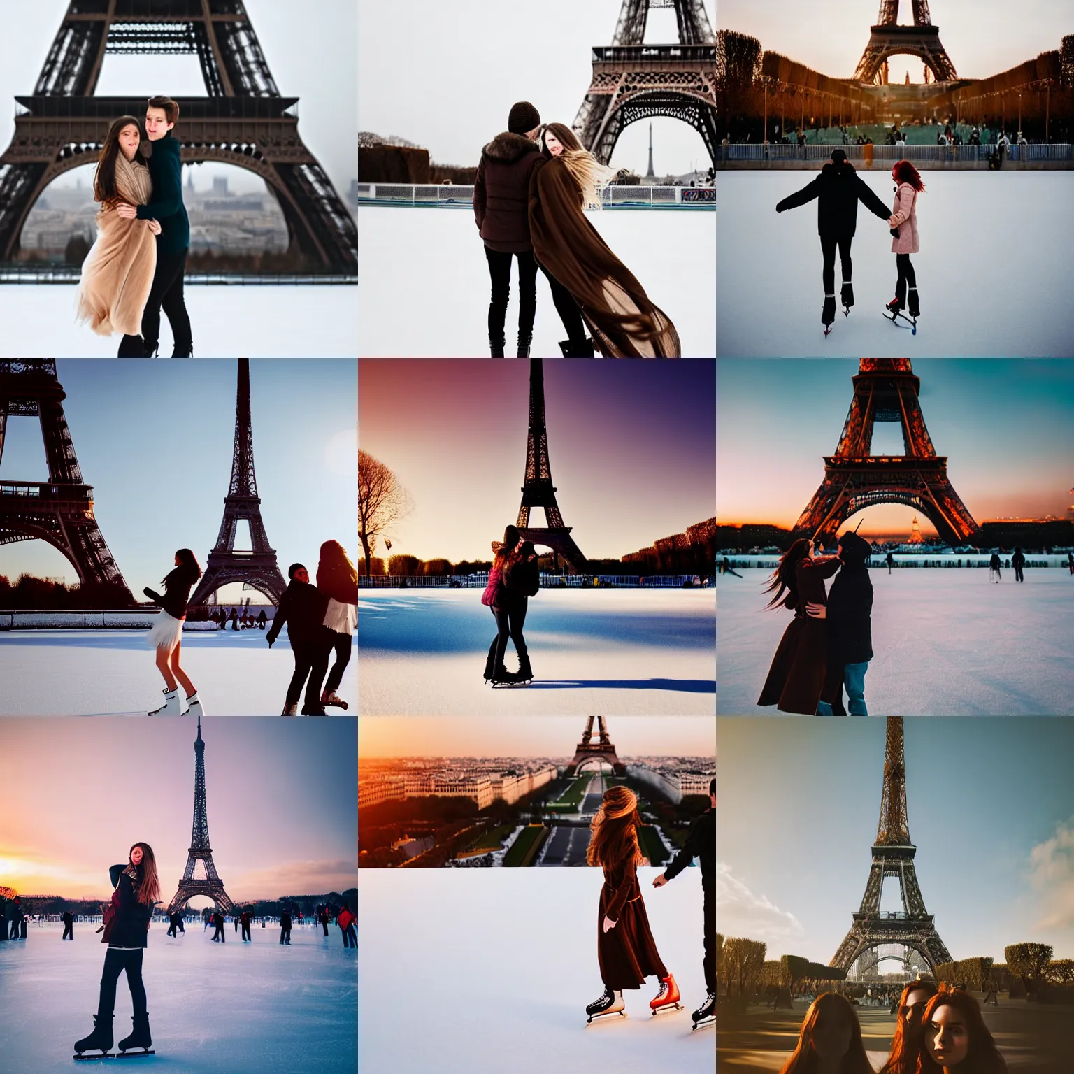 Prompt: extreme long shot, landscape, man and woman with long brown hair ice skating in front of eiffel tower, soft lighting, soft aesthetic, cool pallet, soft focus