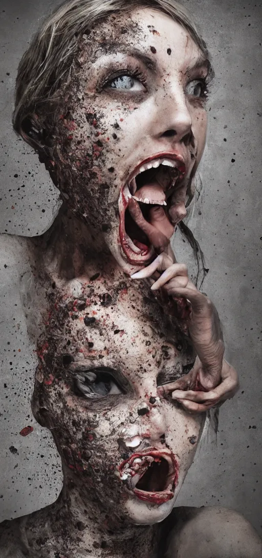 Prompt: body horror woman eating concrete