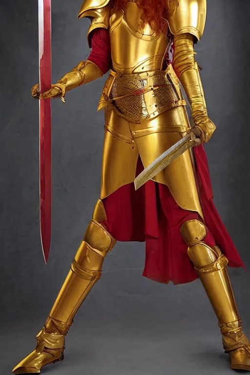 Image similar to a tall, red - haired female knight wearing golden armor and a right golden prosthetic arm, longer than her left arm. she wields a long golden blade