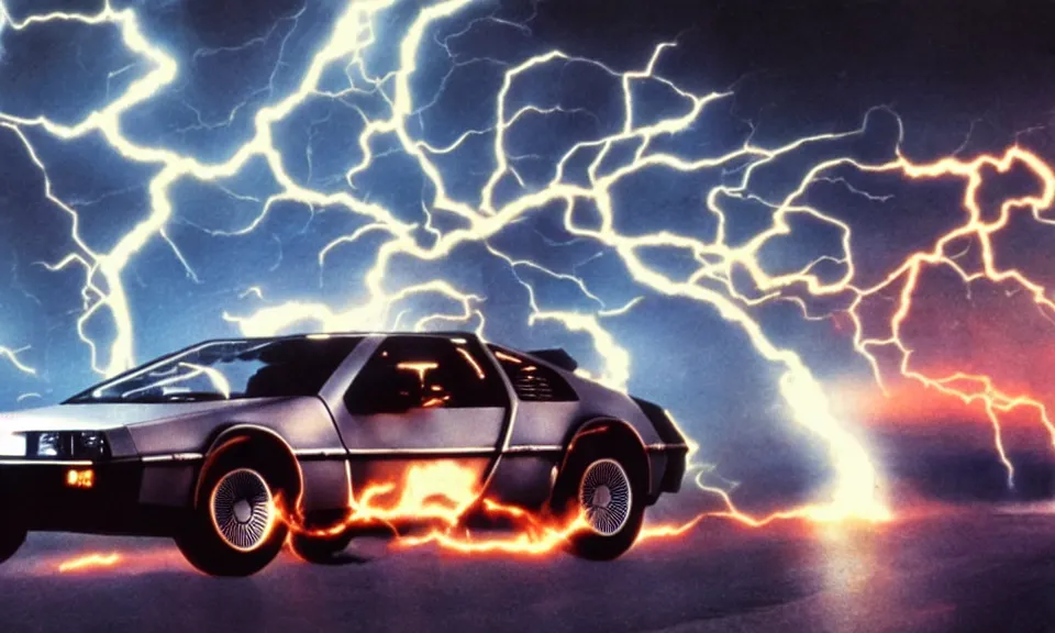 Image similar to scene from back to the future, delorean driving fast, lightning, fire, driving through portal