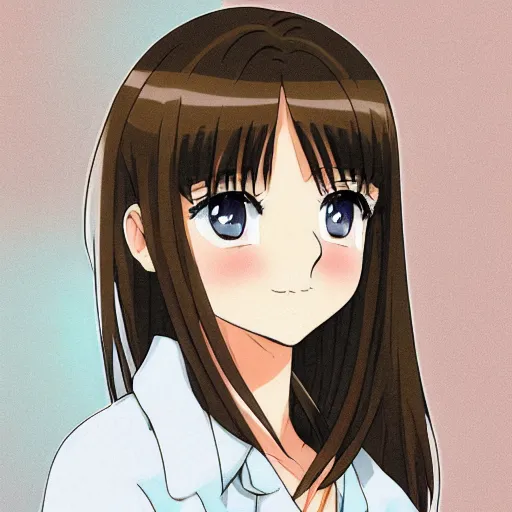 Prompt: A medium shot anime portrait of a happy light brown-haired brunette anime woman with blue eyes and thick brows, a single short ponytail, parted light brown hair, bare forehead, blue-eyed, bright blue eyes, big bold thick eyebrows, thick jawline, uniform teeth, big lips, round face, big round nose, closed lips, wearing a t-shirt, solid blue background, by Stanley Artgerm Lau, WLOP, Rossdraws, James Jean, Andrei Riabovitchev, Marc Simonetti, and Sakimi chan, trending on artstation