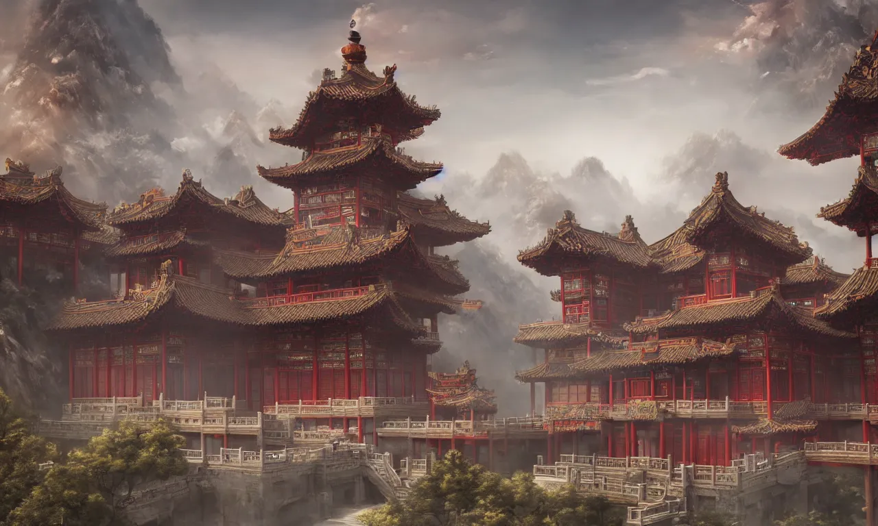 Prompt: A Chinese style splendid palace of the game concept scene original painting, super wide angle, magnificent and gorgeous atmosphere，matte painting，rtx on，by moebius, Neil Blevins and Jordan Grimmer，trending on cgsociety and artstation, unreal engine，Volumetric light，surreal