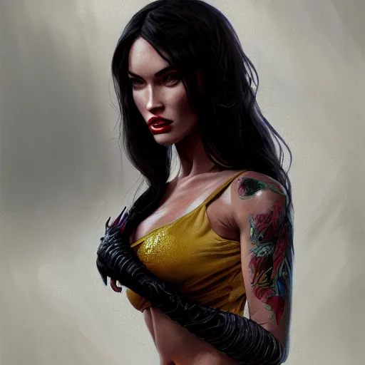 Prompt: portrait of megan fox with bright red eyes, wearing a tight yellow dress, sultry body with sexy belly, fantasy, intricate, elegant, highly detailed, digital painting, artstation, concept art, matte, sharp focus, illustration, art by aenaluck and roberto ferri and greg rutkowski, epic fantasy, digital painting