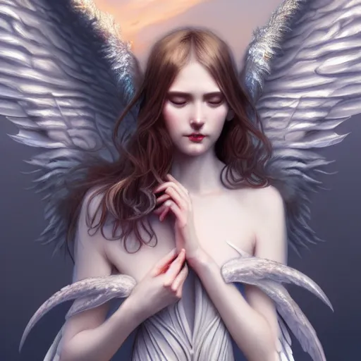 Image similar to Winged girl angel, fantasy, intricate, elegant, highly detailed, digital painting, artstation, concept art, smooth, sharp focus, illustration, art by John Collier and Wenqing Yan and Albert Aublet