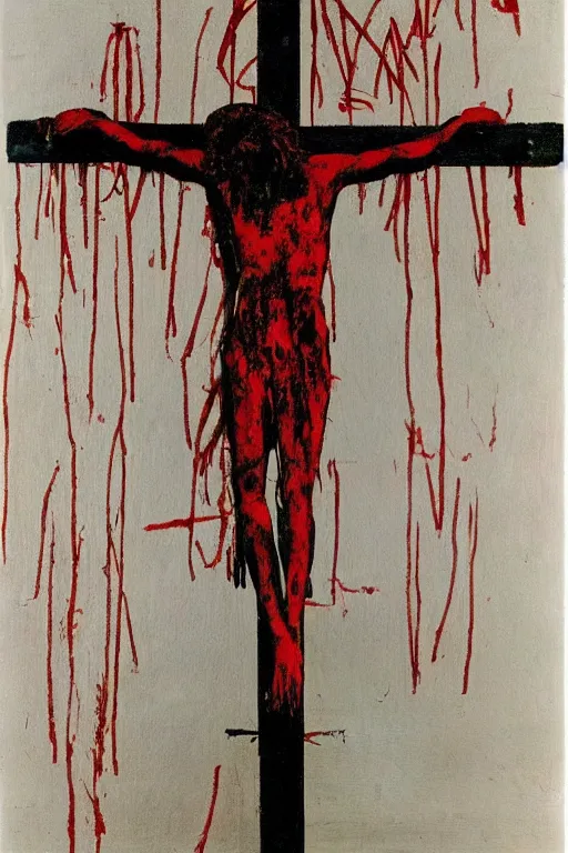 Image similar to red bloody jesus christ crucified painted by cy twombly and andy warhol,