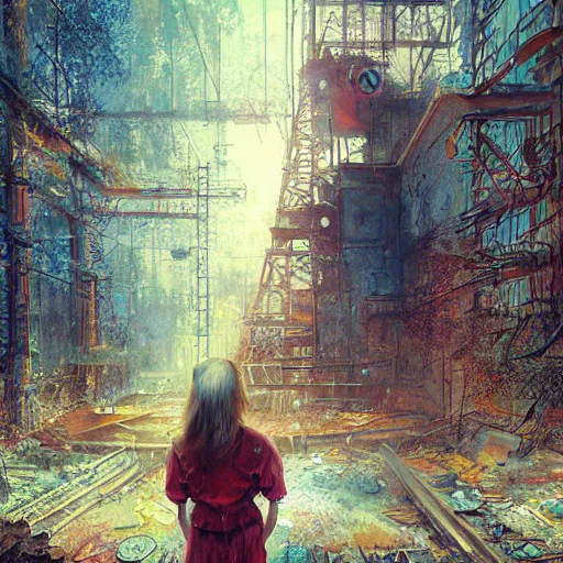 Image similar to a girl in chernobyl disneyland, digital illustration, by android jones and greg rutkowski, retrowave color scheme, detailed, cinematic lighting, wide angle action dynamic portrait