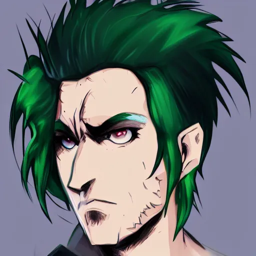 Image similar to Concept art of a man with green hair, trending on artstation, anime, art style of Mad House