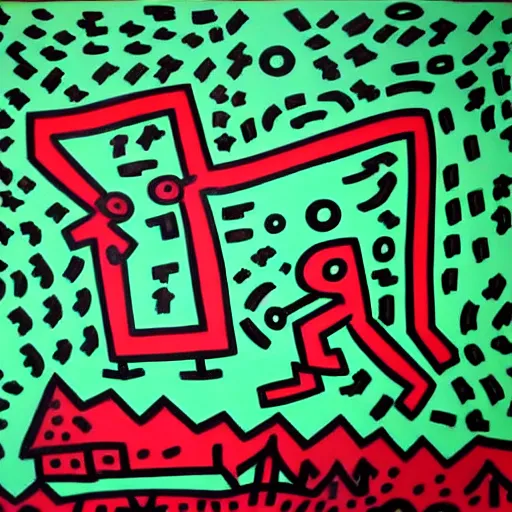 Image similar to a painting of a eerie cabin in the middle of the woods in the style of keith haring