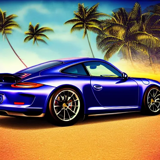Prompt: porsche gt3 in hawaii, game cover, realistic