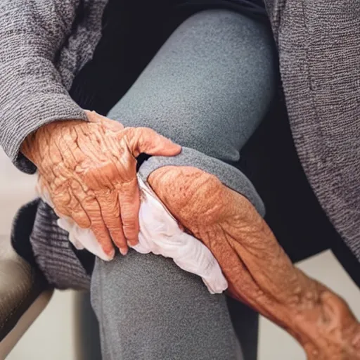 Image similar to elderly person holding their knee that has a wincing human face instead of a kneecap