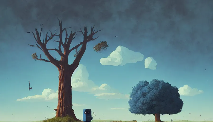 Prompt: floating black hexagons in the sky, wheat harvesting, big tree, person, matte painting, art station, blue sky, simon stalenhag