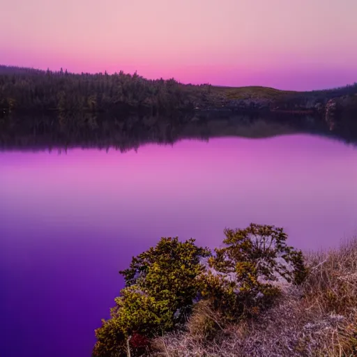 Prompt: Stunning 4K night photograph of a lake covered in purple mist.