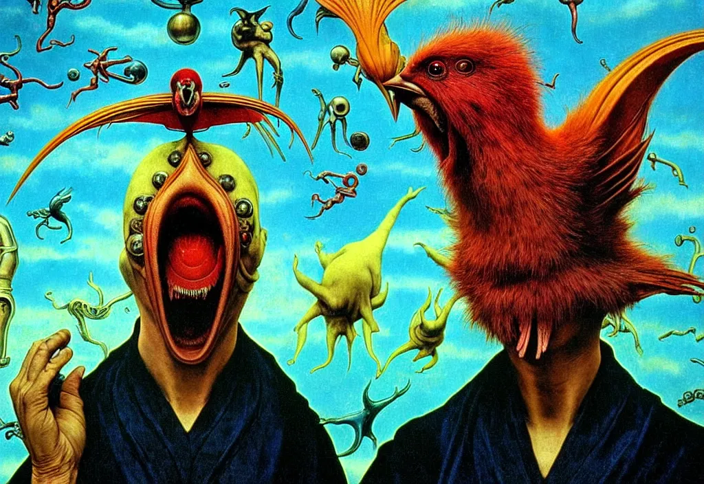 Image similar to realistic detailed portrait movie shot of a screaming birdman wearing black robes, sci fi city landscape background by denis villeneuve, amano, yves tanguy, alphonse mucha, ernst haeckel, max ernst, roger dean, masterpiece, rich moody colours, dog teeth, blue eyes