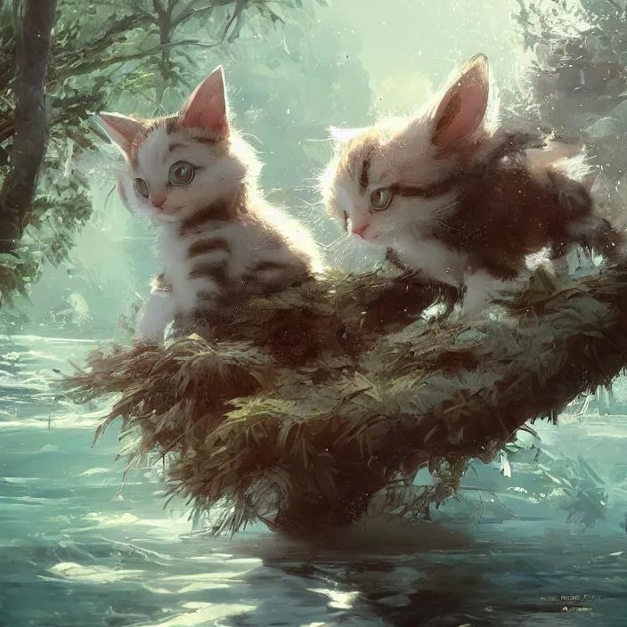 Prompt: a highly detailed painting of a cute kitten at a river. character design by cory loftis, fenghua zhong, ryohei hase, ismail inceoglu and ruan jia. volumetric light, detailed, rendered in octane