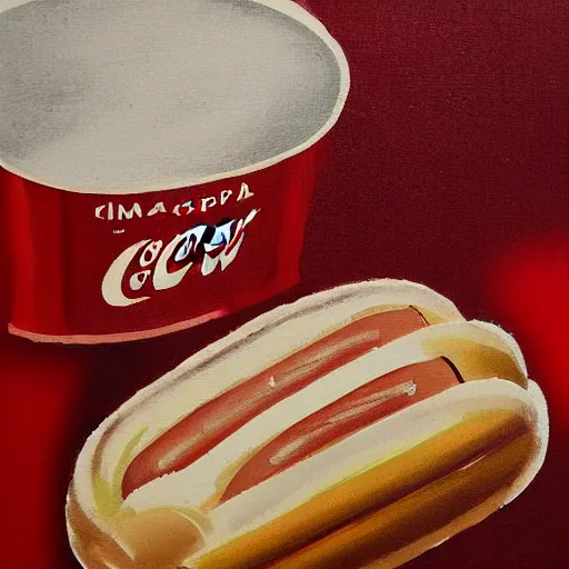 Image similar to high quality vintage brush painting of hot dog and coke by isami kondo