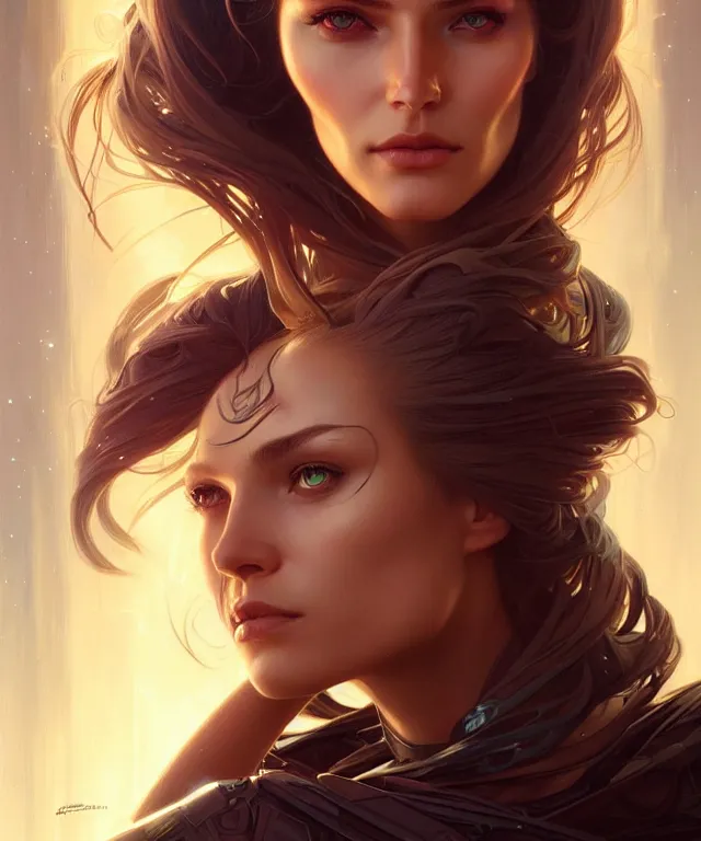 Image similar to futuristic woman portrait, sci-fi, amber eyes, face, long hair, fantasy, intricate, elegant, highly detailed, digital painting, artstation, concept art, smooth, sharp focus, illustration, art by artgerm and greg rutkowski and alphonse mucha