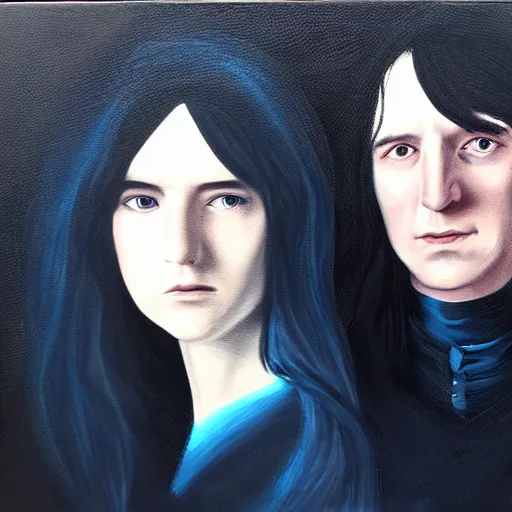 Prompt: A portrait of Severus Snape nd Lily Evans, dark, blue light, black gradient background, oil painting