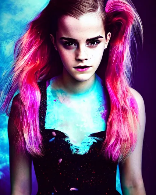 Image similar to a dramatic lighting photo of a beautiful young woman emma watson with cotton candy hair. paint splashes. with a little bit of cyan and pink