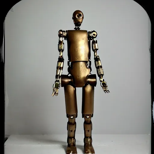 Image similar to humanoid robot, ancient greek humanoid robot, bronze robot, sleek robot, ancient alexandria, heron of alexandria working on robot, tintype photograph