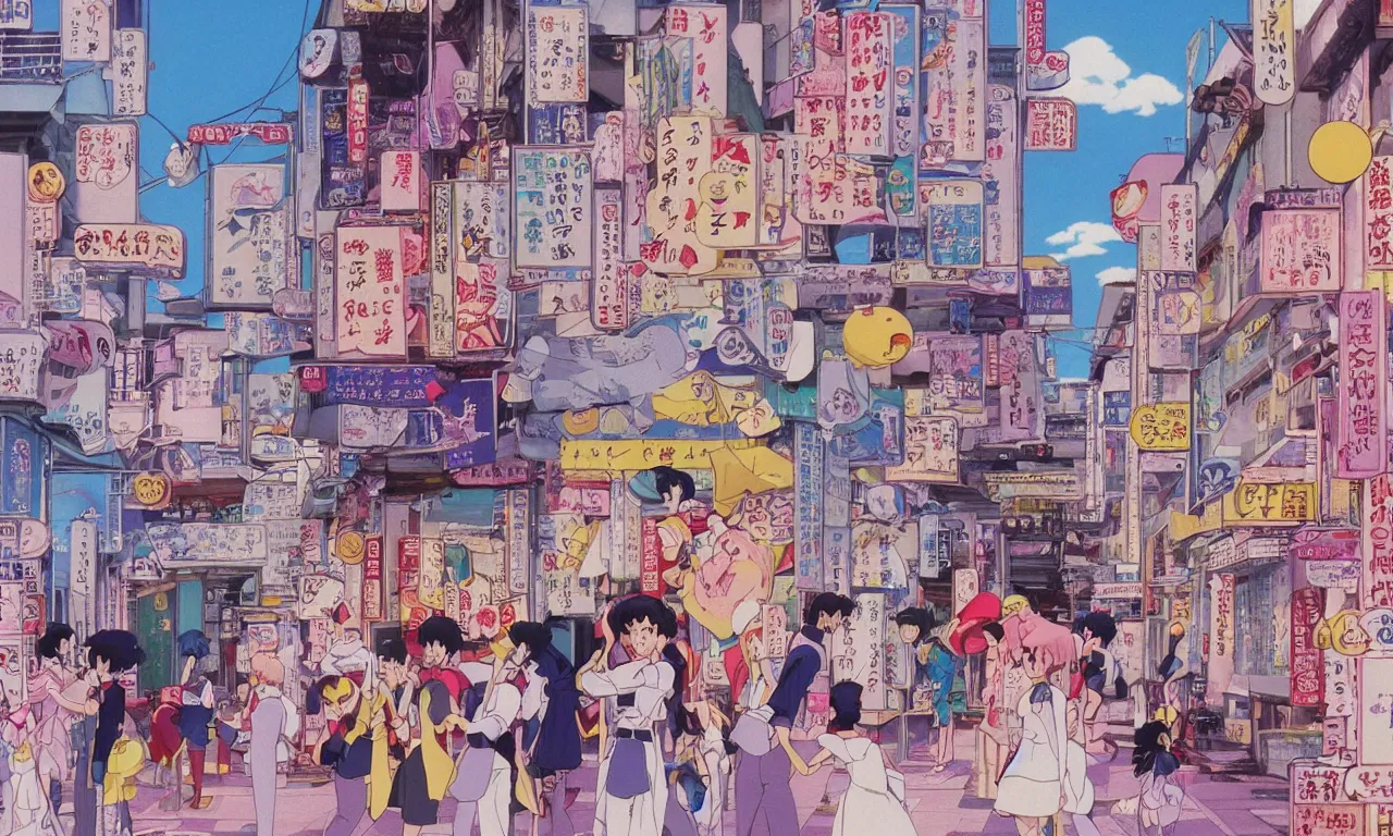 Image similar to A film still from a 1990s Sailor Moon cartoon of a dreamy cute stree in Japan, by Studio Ghibili