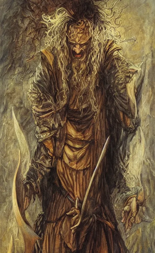 Prompt: the fool, portrait by john howe, lord of the rings fantasy art, traditional painting, highly detailed