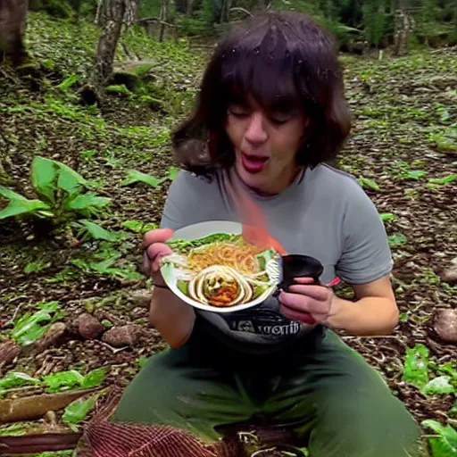 Prompt: Gollum eating ramen trail cam footage