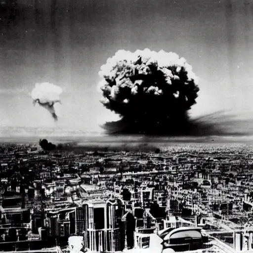 Image similar to atomic bomb exploding over a city. black and white photo
