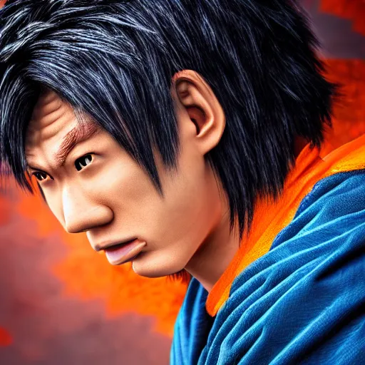 Image similar to photorealistic human goku, goku as an asian man, goku in real life, spiky hair, orange gi, asian human, realistic photography, human goku, photography, cinematic