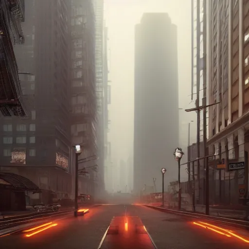 Prompt: in a city with a rich history, the huge building stands in the middle, the road is full of ghosts, blade runner 2 0 4 9, highly detailed, cinematic landscape ， foggy ， octane render ， trending on behance,