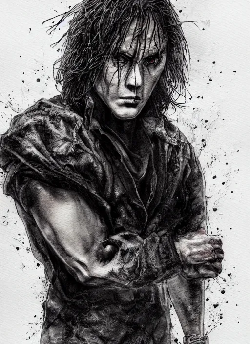 Prompt: portrait, Brandon Lee, The Crow, watercolor, dramatic lighting, cinematic, establishing shot, extremely high detail, foto realistic, cinematic lighting, pen and ink, intricate line drawings, by Yoshitaka Amano, Ruan Jia, Kentaro Miura, Artgerm, post processed, concept art, artstation, matte painting, style by eddie mendoza, raphael lacoste, alex ross