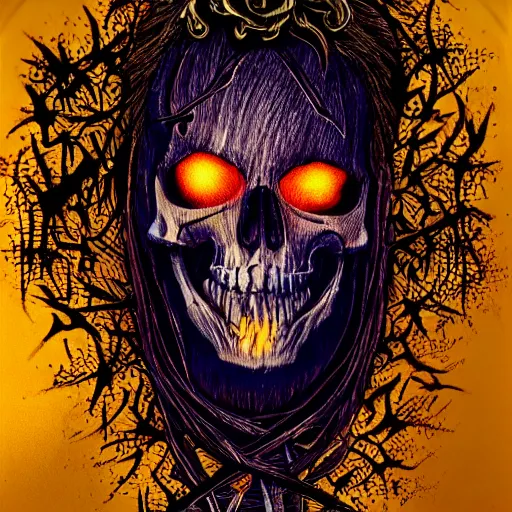 Image similar to death, with glowing highlights, very detailed, sharp, in the style of billelis!!