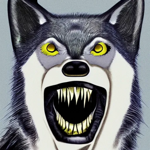 Image similar to ugly portrait of retarded wolf, eyes in different directions, rabies, big teeth, propaganda style, vivid colors