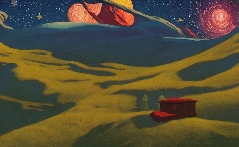 Image similar to mountains, stars and paisley filled sky, artstation, intricate, highly detailed, digital painting, concept art, sharp focus, illustration by Edward Hopper and Ivan Bilibin