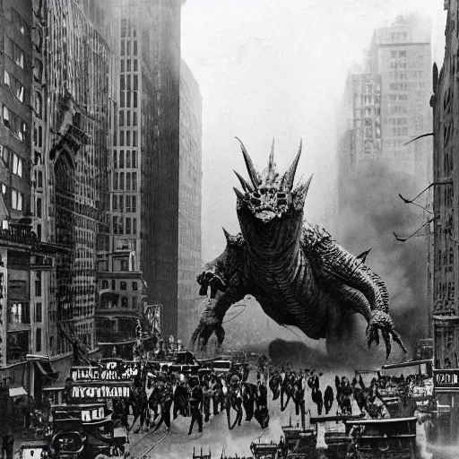 Image similar to old black and white photo, 1 9 1 3, depicting a kaiju rampaging through the bustling streets of new york city, historical record