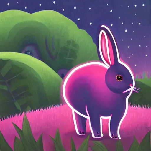 Image similar to a painting of a rabbit in the shrubs at night with a pink neon heart above it, a digital painting by Melissa Benson, behance contest winner, art on instagram, digital painting, retrowave