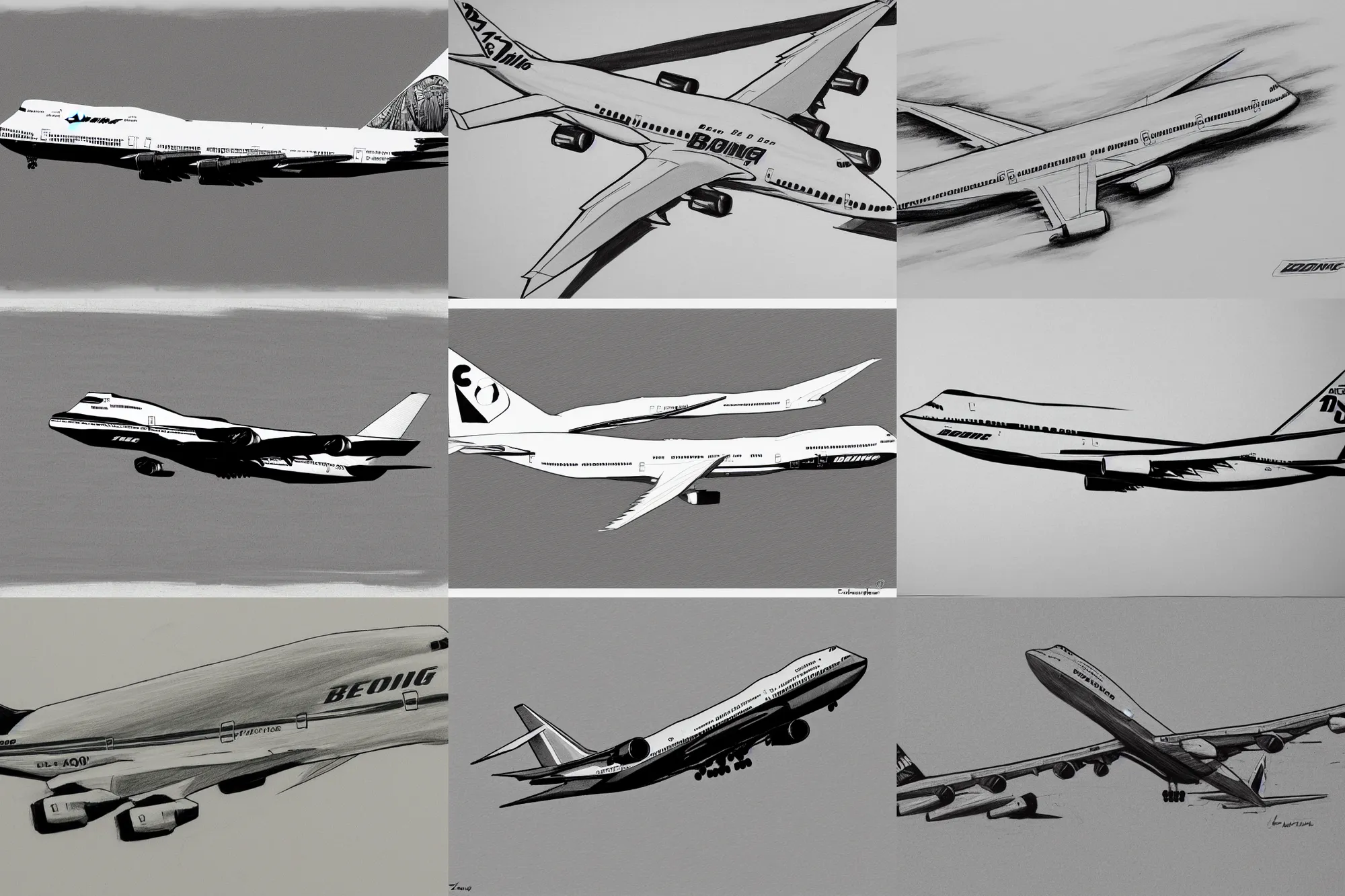 Prompt: boeing 7 4 7, black and white, sketch, detailed