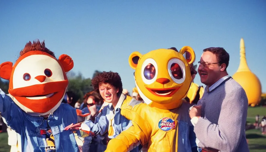 Image similar to 1990s candid photo of a beautiful day at the park, cinematic lighting, cinematic look, golden hour, large costumed mascot business people giving spaceship presentations to families, Enormous personified business people with outstandingly happy faces coming out of a portal and talking to families about space and planets, UHD