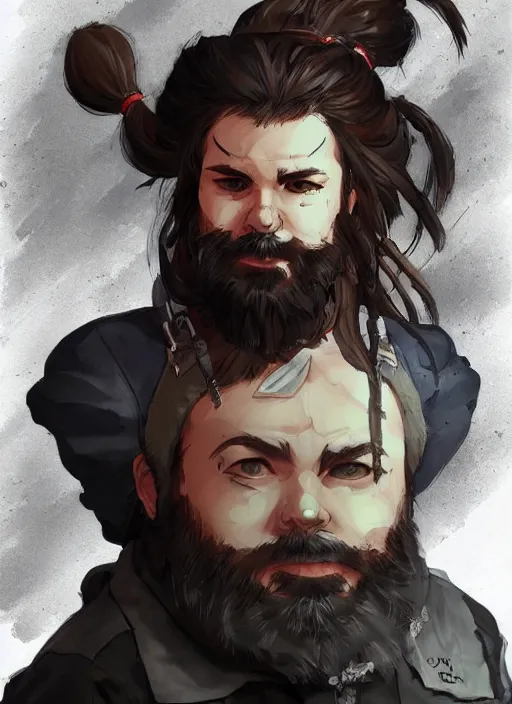 Prompt: portrait of a bearded female dwarf mechanic in working clothes. in style of yoji shinkawa and hyung - tae kim, trending on artstation, dark fantasy, great composition, concept art, highly detailed, dynamic pose, vibrant colours.