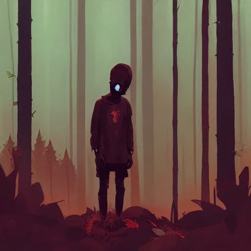 Image similar to boy with skull mask on the woods by atey ghailan, by greg rutkowski, by greg tocchini, by james gilleard, by joe fenton, by kaethe butcher, dynamic lighting, gradient red blue, brown, blonde cream and white color scheme, grunge aesthetic
