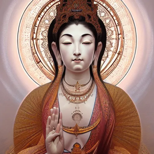 Image similar to intense portrait of the white tara bodhisattva meditating, intricate, elegant, highly detailed, my rendition, digital painting, artstation, concept art, smooth, sharp focus, illustration, art by artgerm and greg rutkowski and alphonse mucha