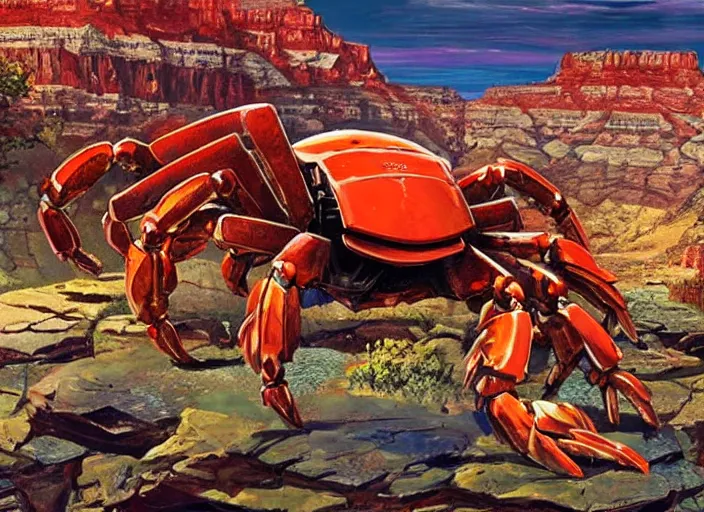 Image similar to realistic physically based rendering of a giant mechanical robot crab at the grand canyon by jack kirby!!! and simon bisley, epic, awesome trendy color palette, cinematic, claymation, by wes anderson and joop geesink, diorama