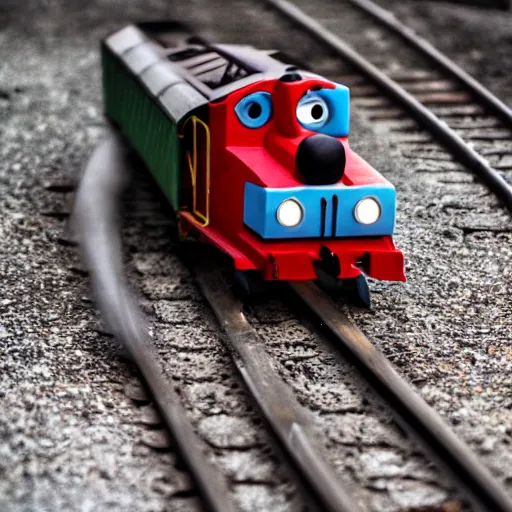 Prompt: a photo of thomas the train after he's been turned into a zombie. f / 1 6, 3 5 mm, award - winning photography, soft lighting