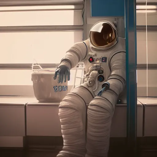 Image similar to a beautiful photo of an astronaut waiting in a laundromat, 1970', soft light, morning light, photorealistic, realistic, octane, 8k, cinematic shot