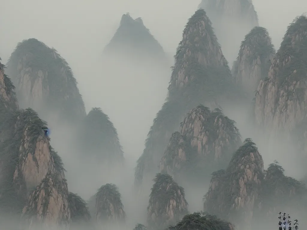 Prompt: chinese shanshui painting of huangshan on a foggy day by shenzhou 沈 周