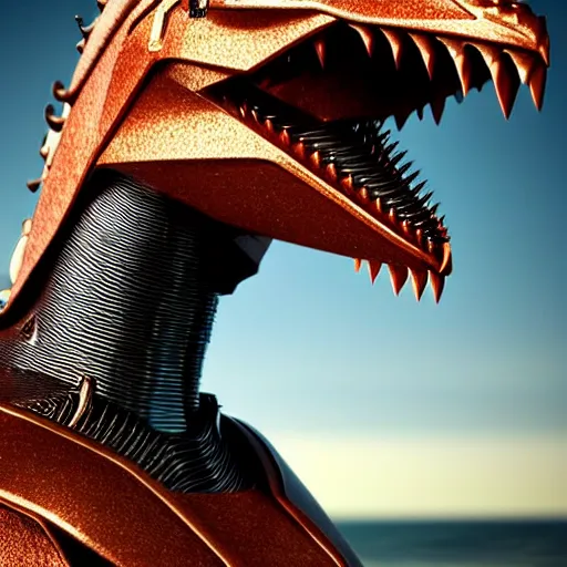 Image similar to epic close up shot, realistic detailed stunning beautiful anthropomorphic robot mechanical female dragon, doing an elegant pose with hand on hip, looking to the side, sleek streamlined armor and design, sharp claws, sleek well designed head, standing on two legs, wearing a hooded cloak that blows in the wind from behind her, on the beach during sunset, high quality, cinematic art, sunset lighting, artstation, deviantart, furaffinity