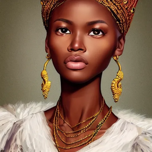 Image similar to A masterpiece portrait of a Incredibly beautiful African girl model in European barocco dress. rich jewelry. In Elizabeth\'s Queen\'s crown. Vogue. trending on artstation, digital art, by Stanley Artgerm Lau, WLOP, Rossdraws, James Jean, Andrei Riabovitchev, Marc Simonetti, Yoshitaka Amano