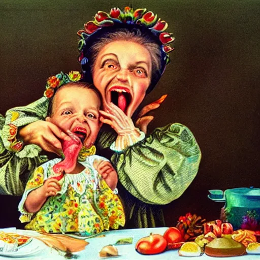 Image similar to hyper realistic hight detailed grandmother with a big mouth eating a baby on the table in the russian kitchen, style by ernst haeckel, bright colors